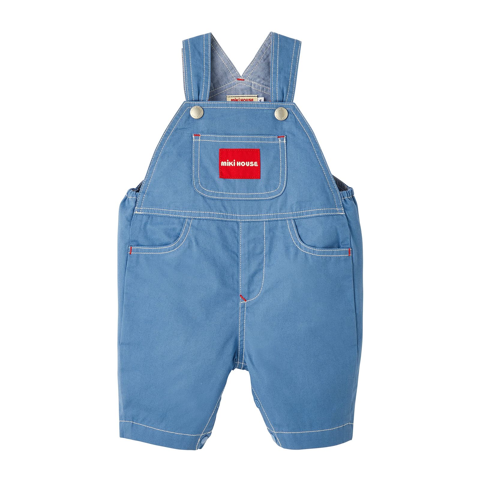 新品 [ミキハウス] 6分丈 オーバーオール M(80-90cm) ストームブルー ロゴ 無地 サロペット パンツ 綿100％ 男の子 女の子 ベビー キッズ 子供服 10-3339-492 M SBL