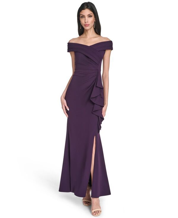 エリザジェイ レディース トップス ワンピース プチ プリーツ フリル Eliza J Petite Off Shoulder Pleated Ruffle Gown Plum プラム