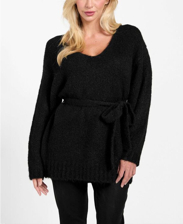 ゲス レディース アウター ニット・セーター Vネック セーター 長袖 GUESS Womens Kiyoka VNeck TieWaist LongSleeve Sweater Jet Black A996 ブラック