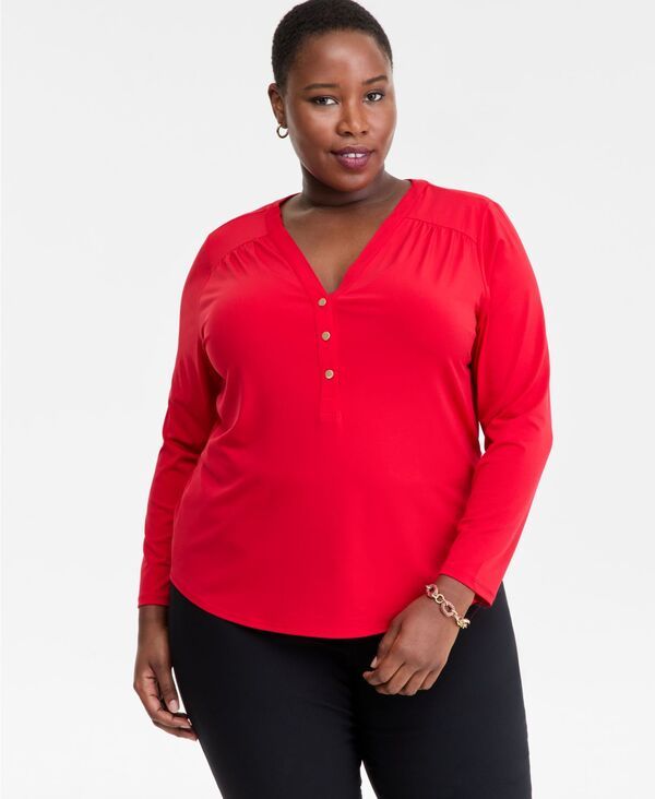 アイエヌシー インターナショナル コンセプト レディース トップス シャツ Vネック プラスサイズ 長袖 INC International Concepts Plus Size VNeck LongSleeve Top Real Red レッド