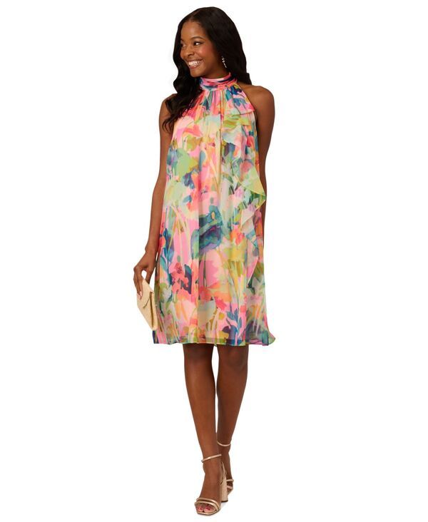 アドリアナ パペル レディース トップス ワンピース シフォン プリント フリル Adrianna Papell Womens Printed Chiffon RuffleFront Shift Dress Pink Multi ピンク