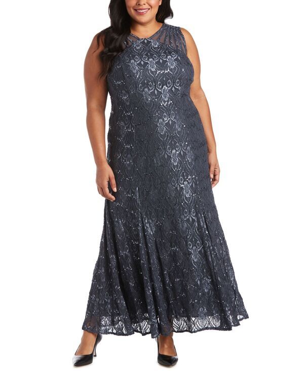 アールアンドエムリチャーズ レディース トップス ワンピース プラスサイズ スパンコール レース R M Richards Plusize Sequin Lace Gown Charcoal Gray チャコール
