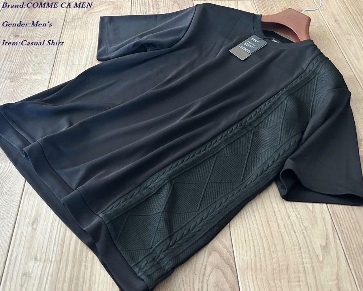 新品 COMME CA MEN コムサメン ケーブルコンビ ショートスリーブTシャツ 05ブラック Lサイズ 42TM03 定価11,000円