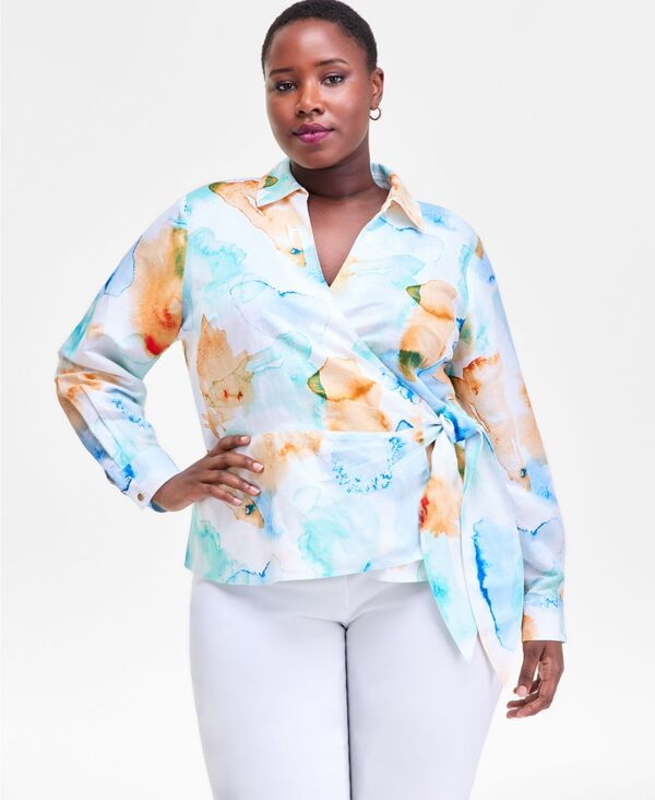 アイエヌシー インターナショナル コンセプト レディース トップス シャツ プリント INC International Concepts Womens Bailey Printed Surplice Wrap TopXS3X Bailey Abstract