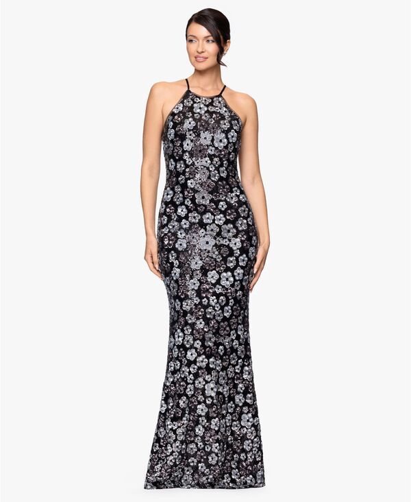 ベッツィアンドアダム レディース トップス ワンピース プチ スパンコール ホルター Betsy Adam Petite AllOver Sequin Flower Halter Neck Long Dress Black Silver ブラック