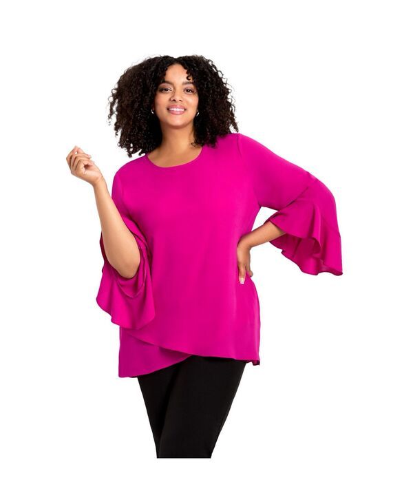 アベニュー レディース トップス シャツ プラスサイズ フリル ブラウス AVENUE Womens Plusize Ruffle Sleeve Tulip Hem Blouse Raspberry