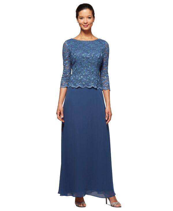 アレックスイブニングス レディース トップス ワンピース プチ レース Alex Evenings Petite LaceBodice Gown Wedgewood