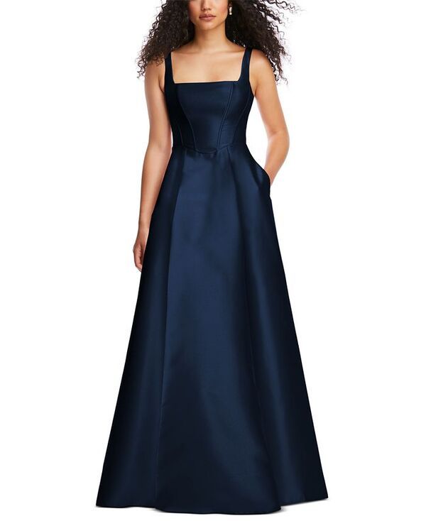 アルフレッド レディース トップス ワンピース サテン スカート Alfred Sung Womens Boned Corset ClosedBack Satin Gown with Full Skirt and Pockets Midnight navy ネ