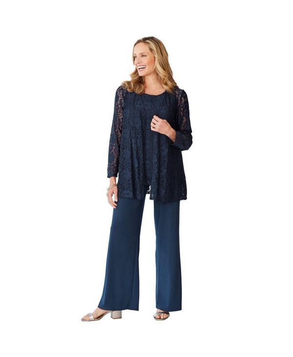 ウーマン ウィズイン レディース トップス ワンピース プラスサイズ レース ジャケット Woman Within Womens Plus Size 3Piece Lace JacketTankPant Set Navy ネイビー
