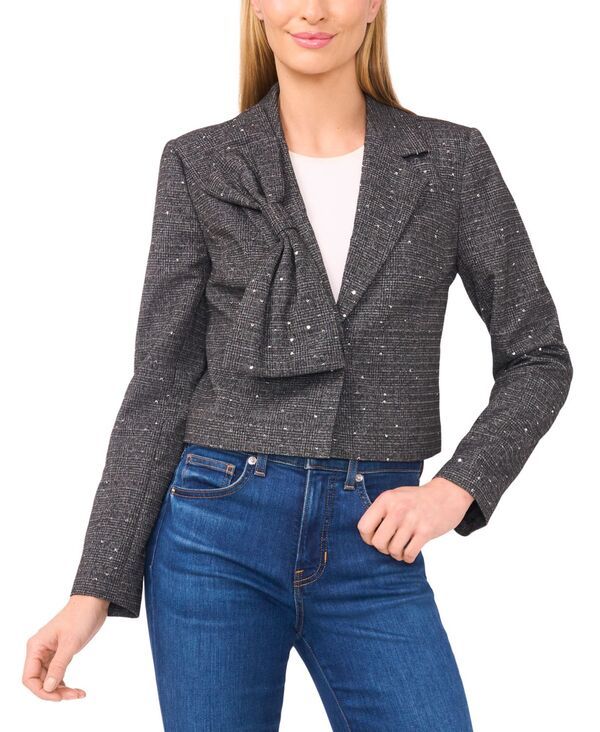 セセ レディース アウター ジャケット・ブルゾン クロップド ブレザー CeCe Womens Cropped Long Sleeve Lapel Bow Blazer Rich Black ブラック