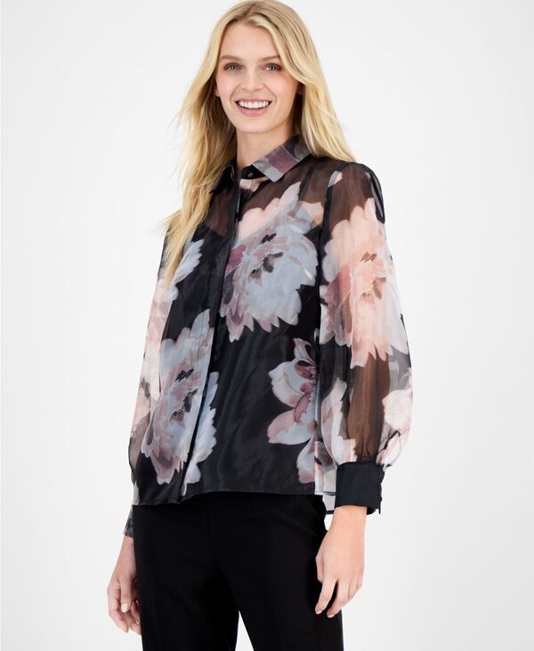 アンクライン レディース トップス シャツ フラワー柄 プチ ブラウス フラワー Anne Klein Petite Floral Shimmer Organza Blouse Anne Black Multi ブラック