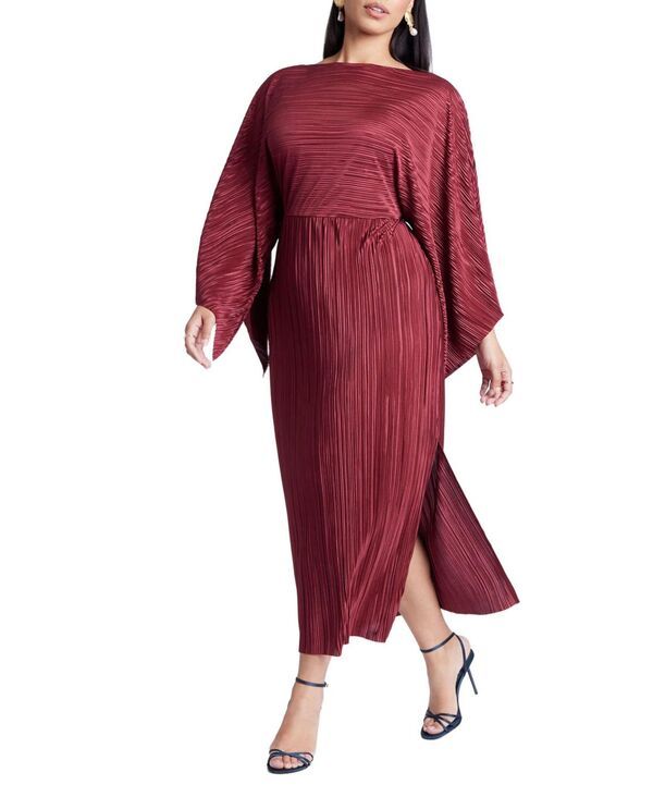エロクイ レディース トップス ワンピース ケープデザイン プラスサイズ キャップ ケープ ELOQUII Womens Plus Size Cape Effect Plisse Dress Bordeaux