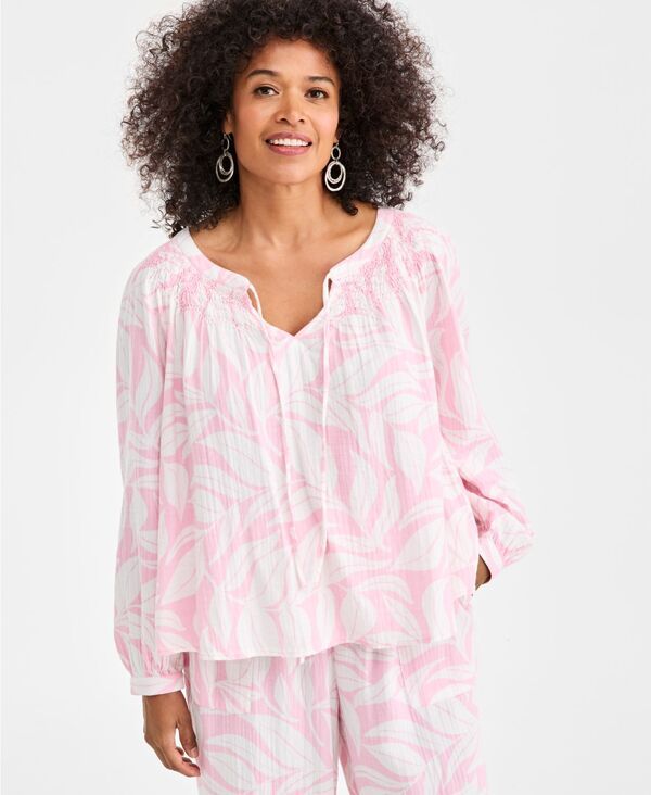 スタイルアンドコー レディース トップス シャツ プチ プリント 長袖 Style Co Petite Print Smock Neck LongSleeve Top Fern Leaves Pink ピンク
