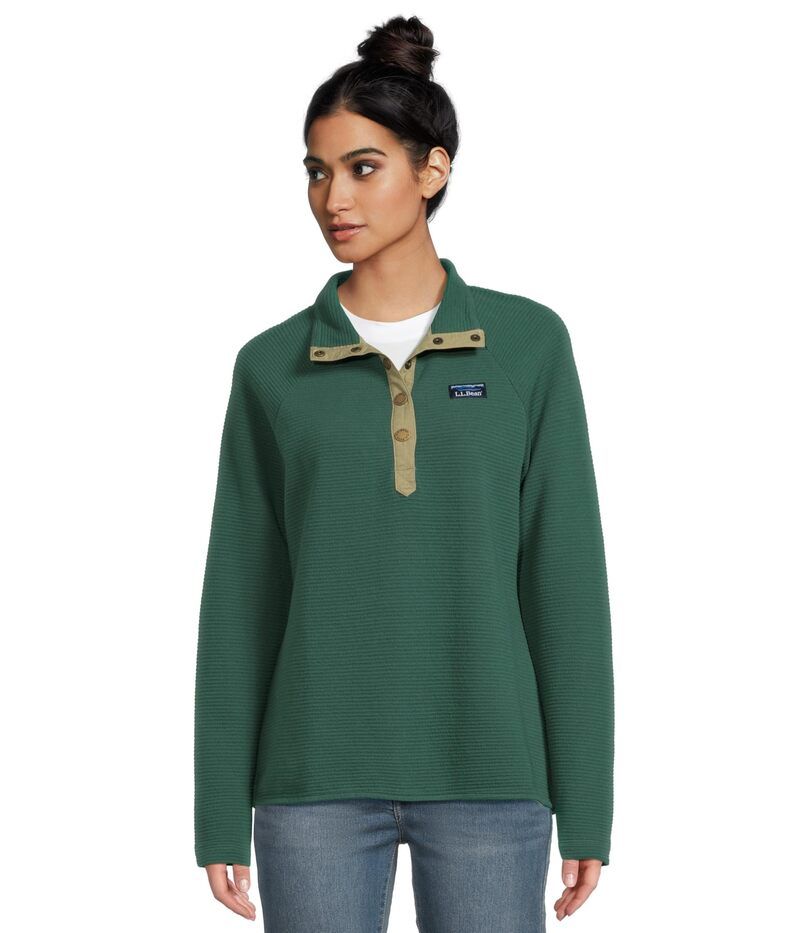 エルエルビーン レディース アウター ニット・セーター LLBean Lakewashed Ottoman Knit Quarter Snap Deep Green グリーン
