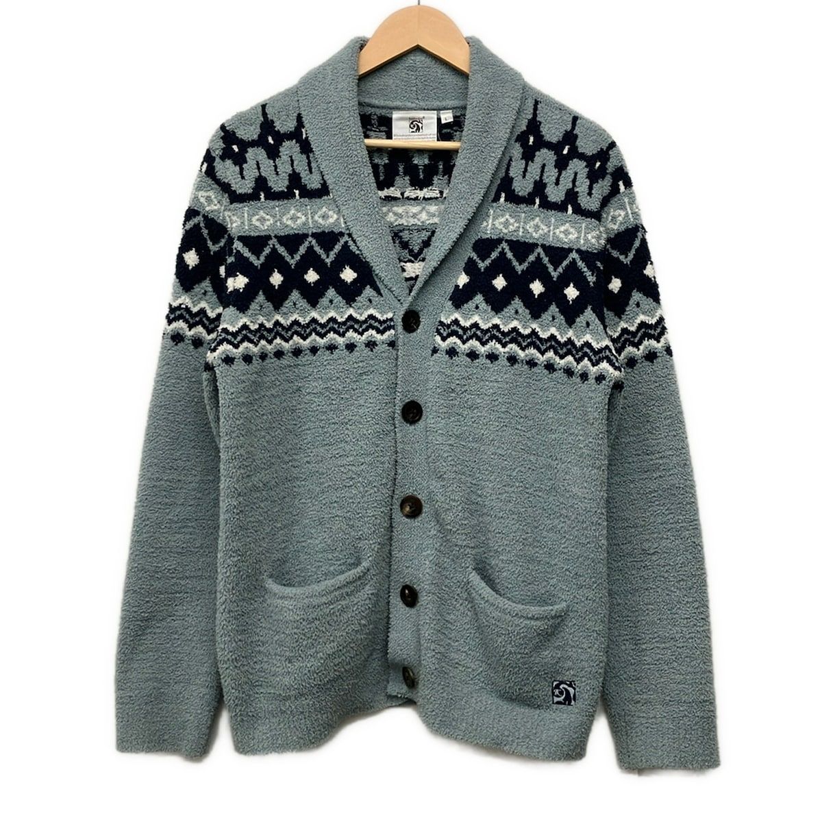 KASHWERE(カシウエア) カーディガン サイズL レディース美品 - ブルーグレー×ダークネイビー×白 長袖