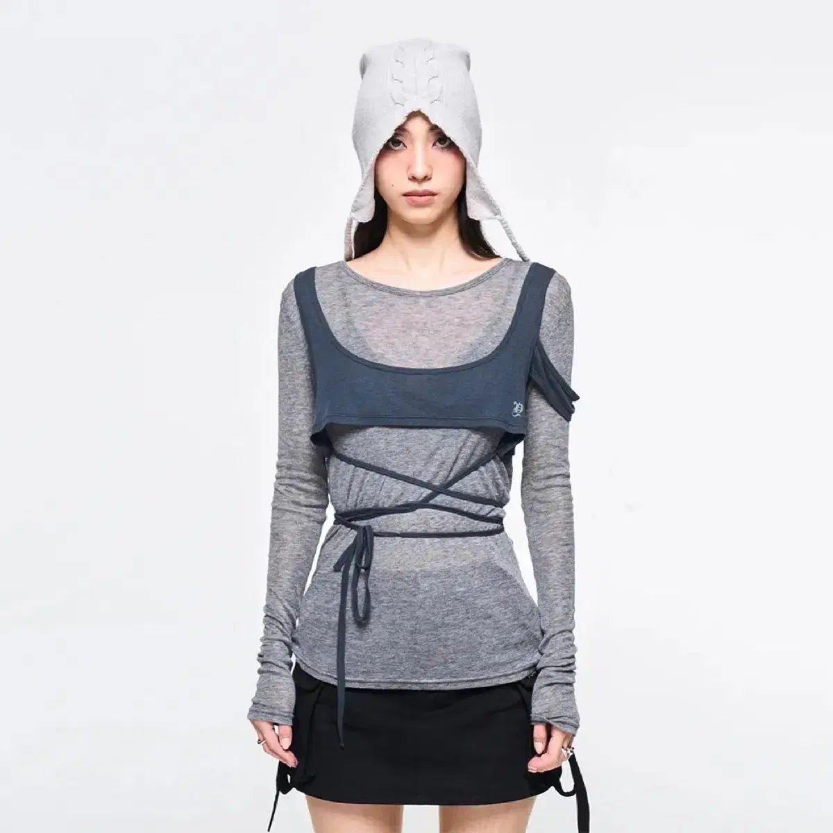 yeel overlay wrap long sleeve top grey