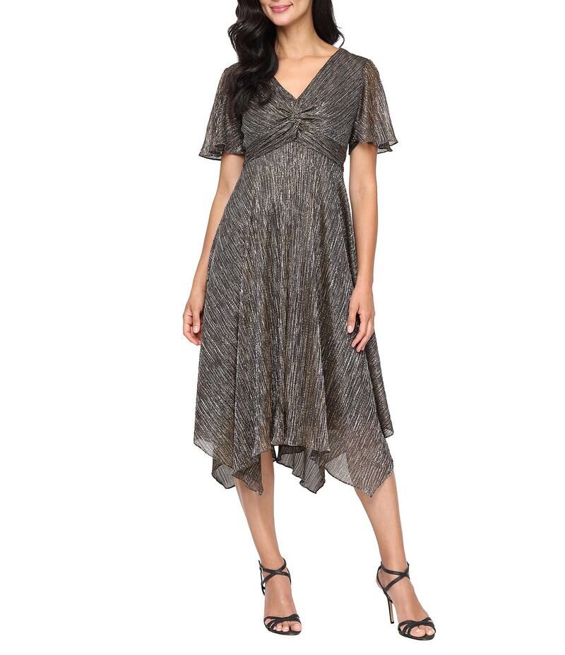 イグナイト レディース トップス ワンピース Vネック ミディワンピース ミディ エンパイア Ignite Evenings Shimmer Bodre VNeck Knot Front Short Flutter Sleeve Pointed Hem Emp