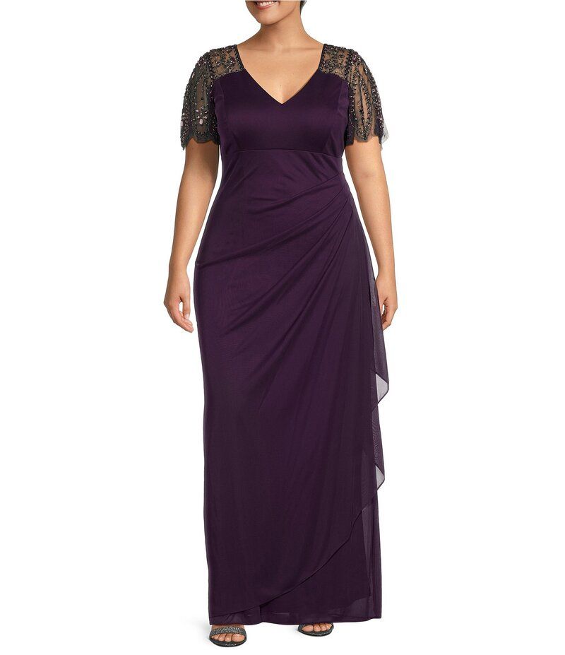 エスケープ レディース トップス ワンピース Vネック プラスサイズ ジャージー Xscape Plus Size Beaded Short Flutter Sleeve VNeck Jersey Gown Plum プラム