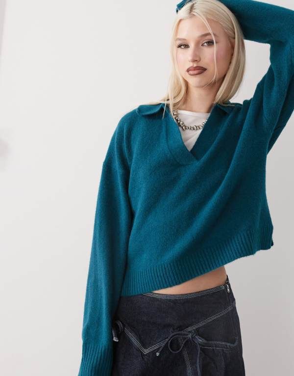 モンキ レディース アウター ニット・セーター ポロシャツ セーター ニット Monki long sleeve collar polo knit sweater in teal Teal ティール