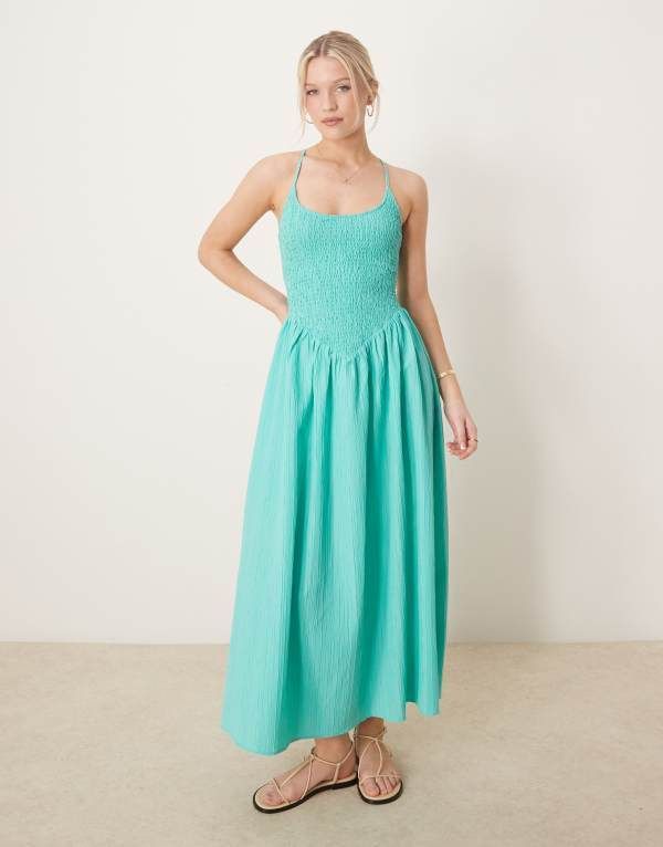 エイソス レディース トップス ワンピース マキシワンピース マキシ ASOS DESIGN scoop neck crinkle maxi dress with cross back in aqua Aqua Blue ブルー