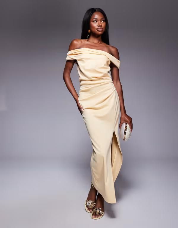 エイソス レディース トップス ワンピース ミディワンピース ミディ ASOS DESIGN twist off the shoulder boydcon midi dress in light yellow Light Yellow イエロー