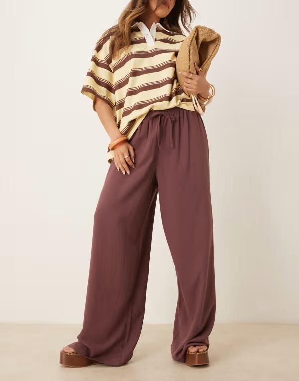 エイソス レディース ボトムス カジュアルパンツ パンツ リネン ASOS DESIGN linen look pull on pants in plum Plum プラム
