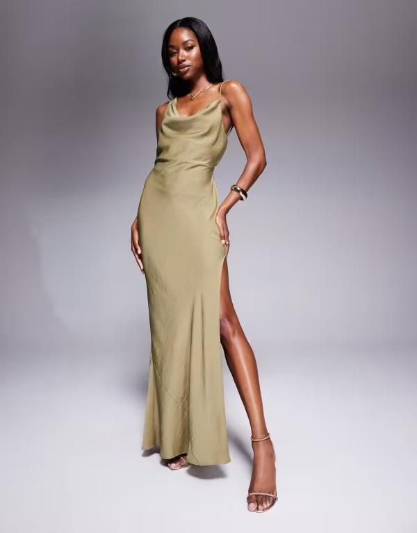 エイソス レディース トップス ワンピース アシンメトリー サテン ASOS DESIGN satin asymmetric straps midaxi dress with slit in olive Dried herb グリーン