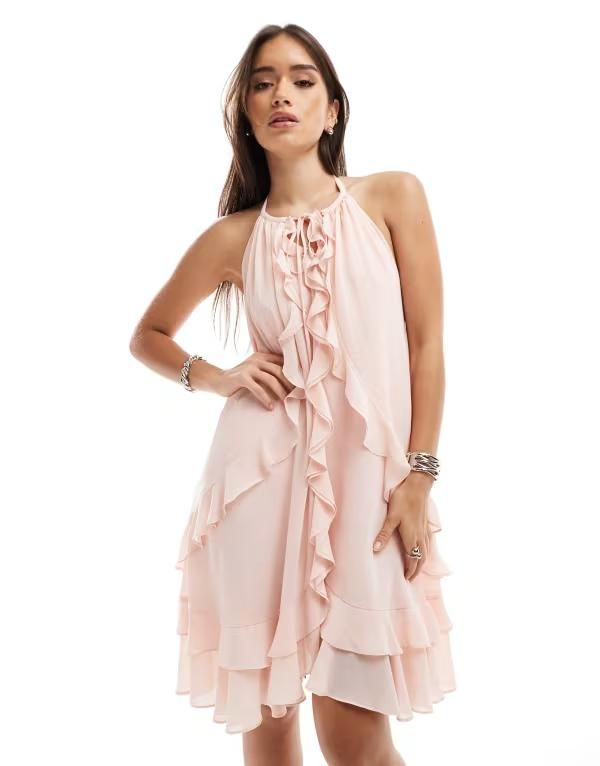 ティエフエヌシー レディース トップス ワンピース ティアード フリル ミニ TFNC tiered mini dress with ruffle detail in soft Peach Pink ピンク