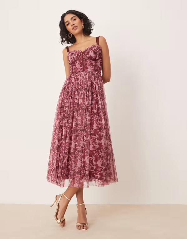 レース アンド ビーズ レディース トップス ワンピース チュール フラワー柄 フラワー Lace Beads corsetulle midaxi dress in blush floral Blush floral ブラッシュ