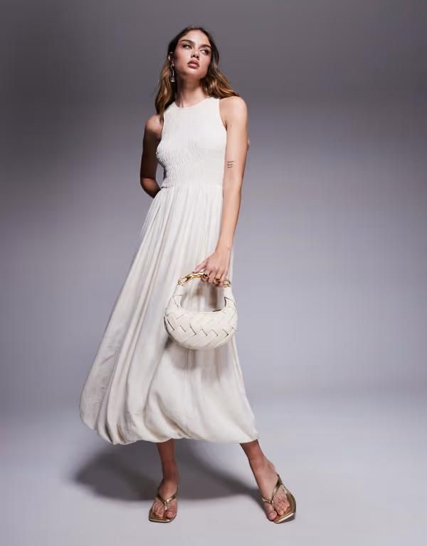 リバーアイランド レディース トップス ワンピース ミディワンピース ミディ リネン River Island bubble hem linen mix midi dress in cream CREAM クリーム