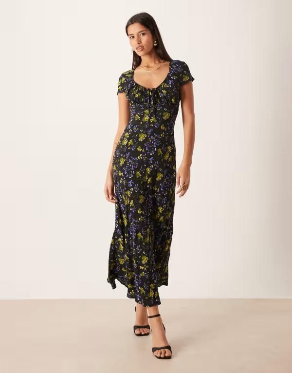 エイソス レディース トップス ワンピース マキシワンピース プリント ギャザー マキシ ASOS DESIGN ruched front puff sleeve maxi dress in ditsy print Floral Print