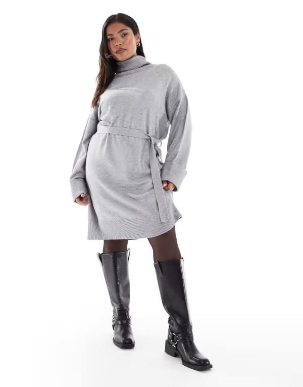 オンリーカーブ レディース トップス ワンピース タイディテール ハイネック ミニ セーター ニット ONLY Curve tie detail high neck knit mini sweater dress in light LIGHT GRAY グレー