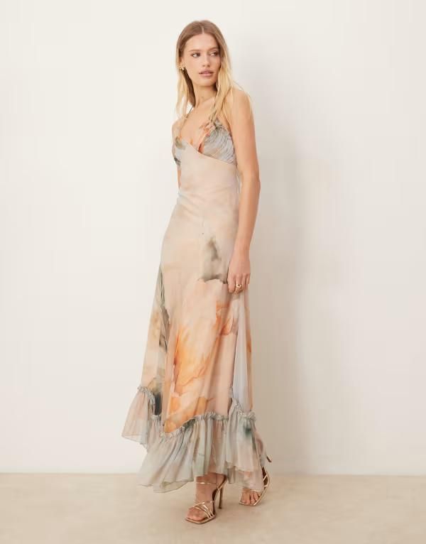 エイソス レディース トップス ワンピース フラワー柄 プリーツ プリント フリル マキシ フラワー ASOS DESIGN pleated bust cami maxi dress with ruffle pephem in abstract floral