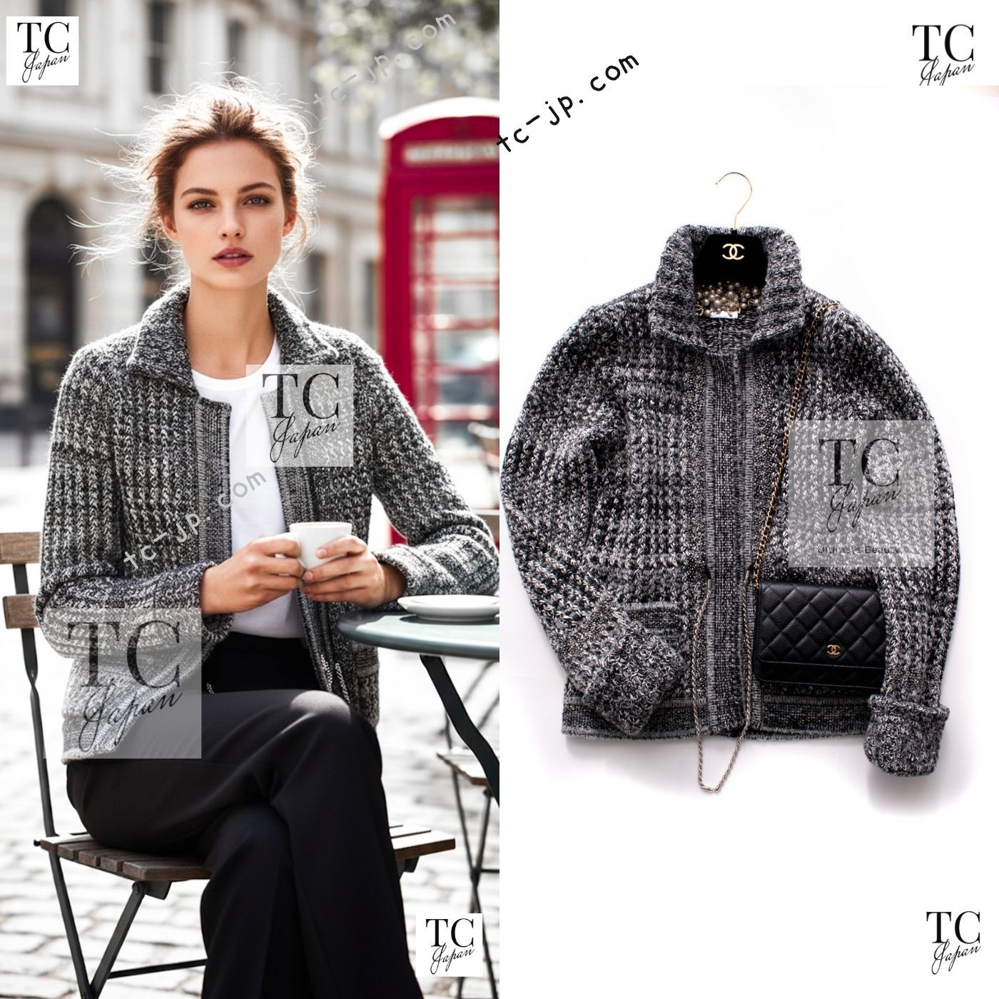 シャネル カーディガン CHANEL グレー カシミヤ シルク ウール チェーン アクセサリー ニット カール・ラガーフェルド 超美品 38 40