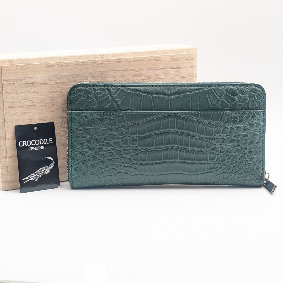 未使用品 ヘンローン リアルクロコダイル ラウンドファスナー 長財布 グリーン シルバー金具 ワニ革 フロントポケット付