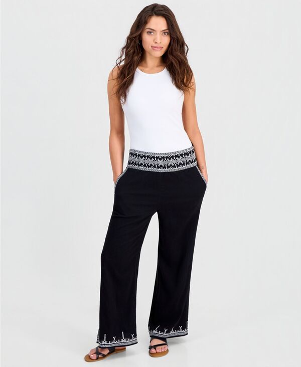 【送料無料】 アンドノウディス レディース カジュアルパンツ ボトムス Petite EmbroideredTrim WideLeg Pants Black