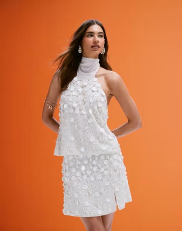 エイソス レディース トップス シャツ スパンコール リネン ホルター ASOS DESIGN linen blend halter top with faux shell and sequin embellishments in cream part of