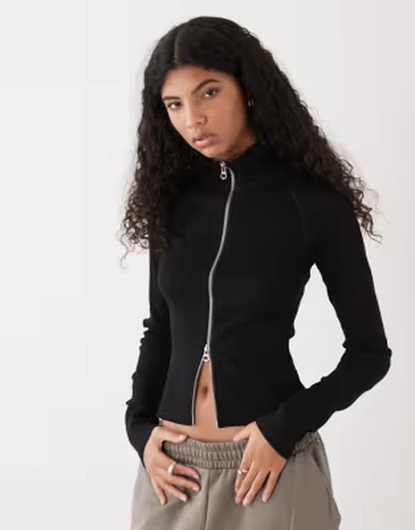 ウィークデイ レディース アウター カーディガン フルジップ モックネック Weekday mock neck zip through long sleeve top Black ブラック