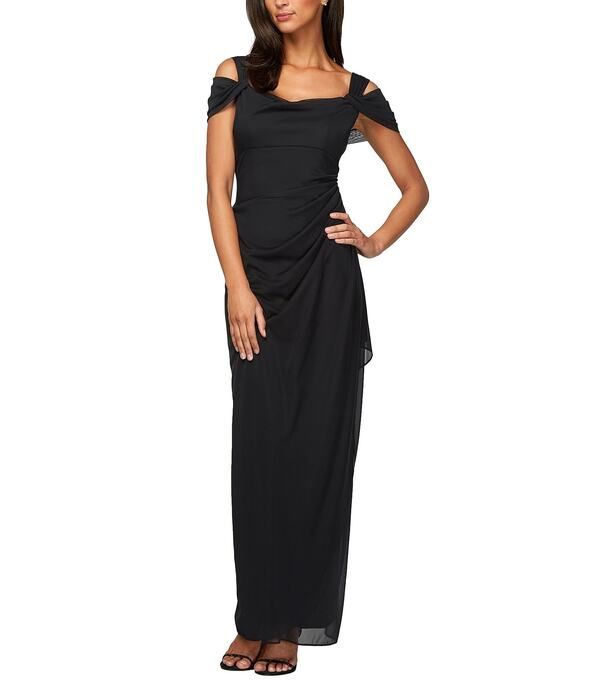 アレックスイブニングス レディース トップス ワンピース プチ メッシュ キャップ Alex Evenings Petite Size Mesh Cowl Neck Cap Sleeves Cold Shoulder Sheath Dress Black ブラ