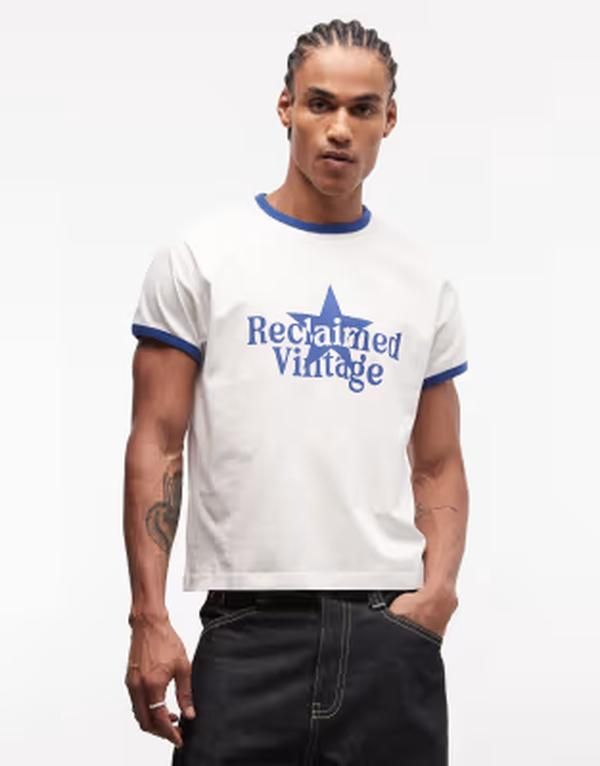 リクレイム ヴィンテージ メンズ トップス Tシャツ プリント Reclaimed Vintage ringer tee with star print and navy white ホワイト 11,294円