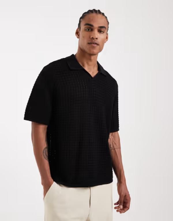 ジャック アンド ジョーンズ メンズ トップス ポロシャツ ニット Jack Jonesplit necknit polo shirt Black ブラック