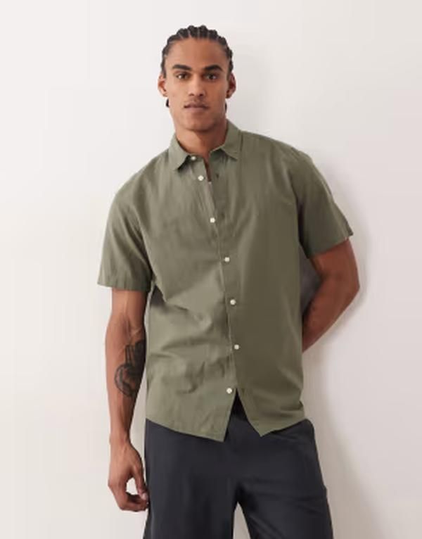ジャック アンド ジョーンズ メンズ トップス シャツ リネン Jack Joneshort sleeve linen blend shirt Dusty olive オリーブ