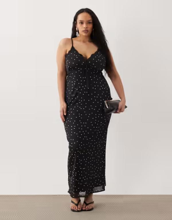 エイソス レディース トップス ワンピース ドット柄 ドット メッシュ レース ASOS Curve ASOS DESIGN Curve lace detail polka dot mesh cami dress Mono spot ドット