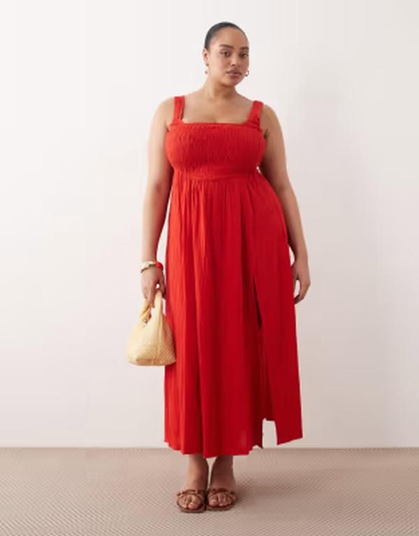 エイソス レディース トップス ワンピース コットン マキシ ASOS Curve ASOS DESIGN Curvexclusive Selina beach textured cotton shirred maxi sundress Red レッド
