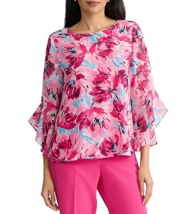 カスパール レディース トップス シャツ フラワー柄 プチ プリント フリル ブラウス フラワー Kasper Petite Size Floral Print 34 Ruffle Sleeve Blouse Lily White Multi ホワイト