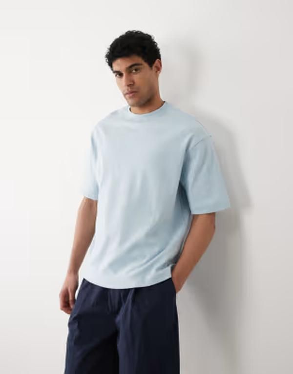 セレクティッド メンズ トップス Tシャツ コットン Selected 100 cotton oversized heavyweight 300gsm tshirt in light Skyway ブルー