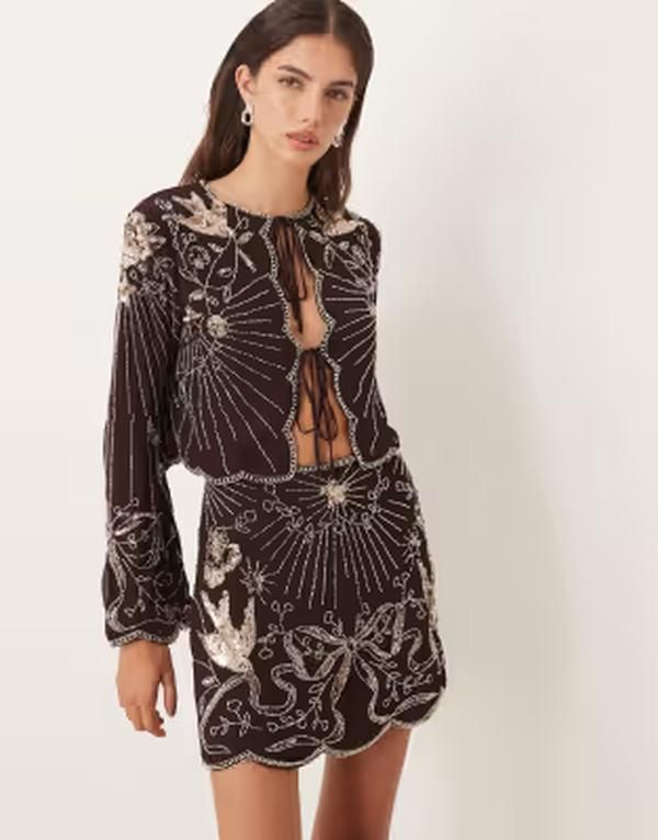 エイソス レディース トップス シャツ ブラウス ASOS DESIGN bow and bird embellished long sleeve blouse in chocolate part of a set Chocolate チョコレート