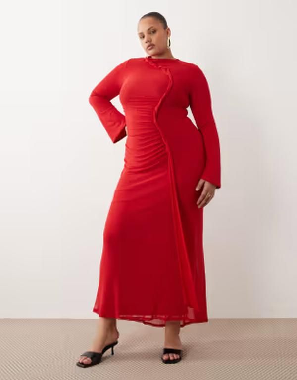 エイソス レディース トップス ワンピース メッシュ マキシ ASOS Curve ASOS DESIGN Curve mesh long sleeve maxi dress with twist detail Red レッド