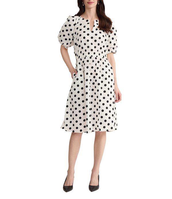 カスパール レディース トップス ワンピース プチ ミディ Kasper Petite Puff Sleeve Smock Waist Midi Dress Lily WhiteBlack ホワイト