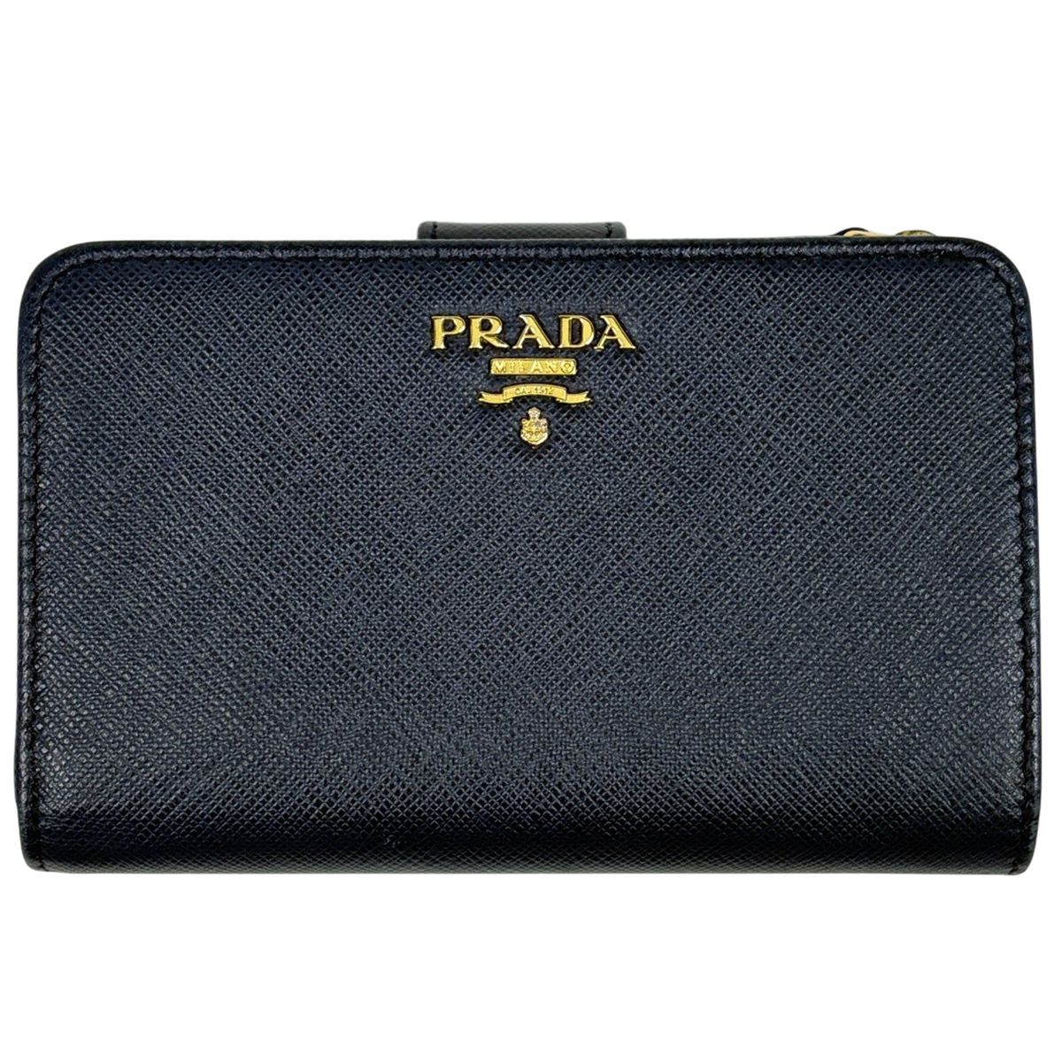 プラダ PRADA ロゴ 二つ折り財布 L字ファスナー サフィアーノレザー ネイビー レディース 【中古】